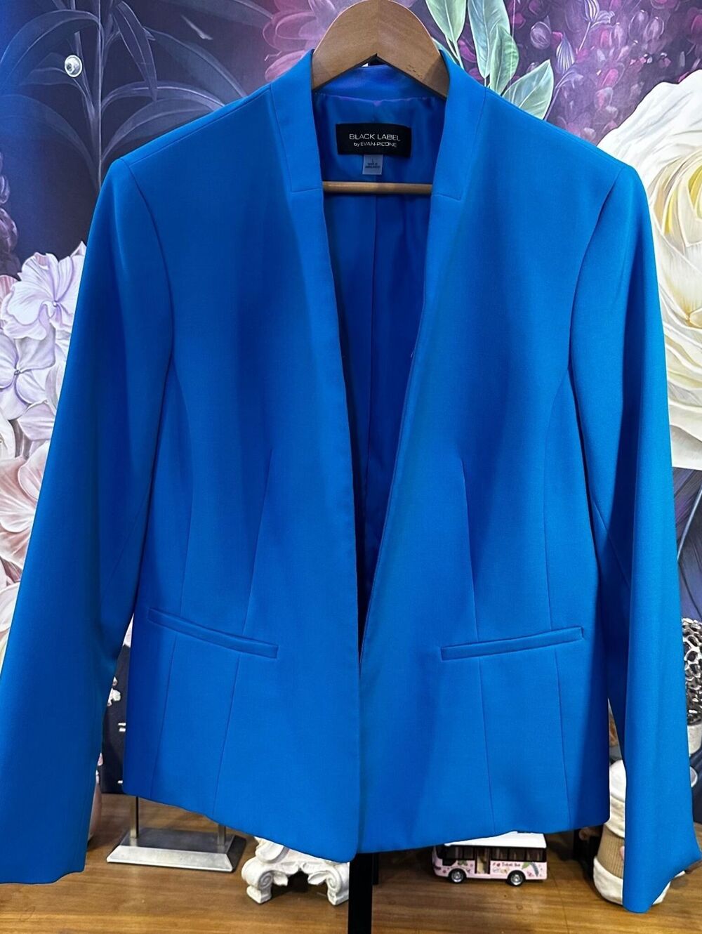 Black Label by Evan-Picone L Blue Collarless Blazer NWOT Office Siren Classic